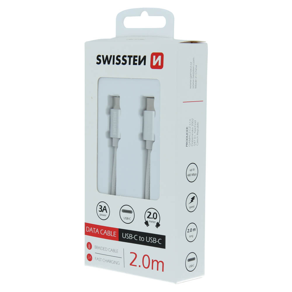 Textilný dátový kábel Swissten USB-C / USB-C 2,0 M - strieborný